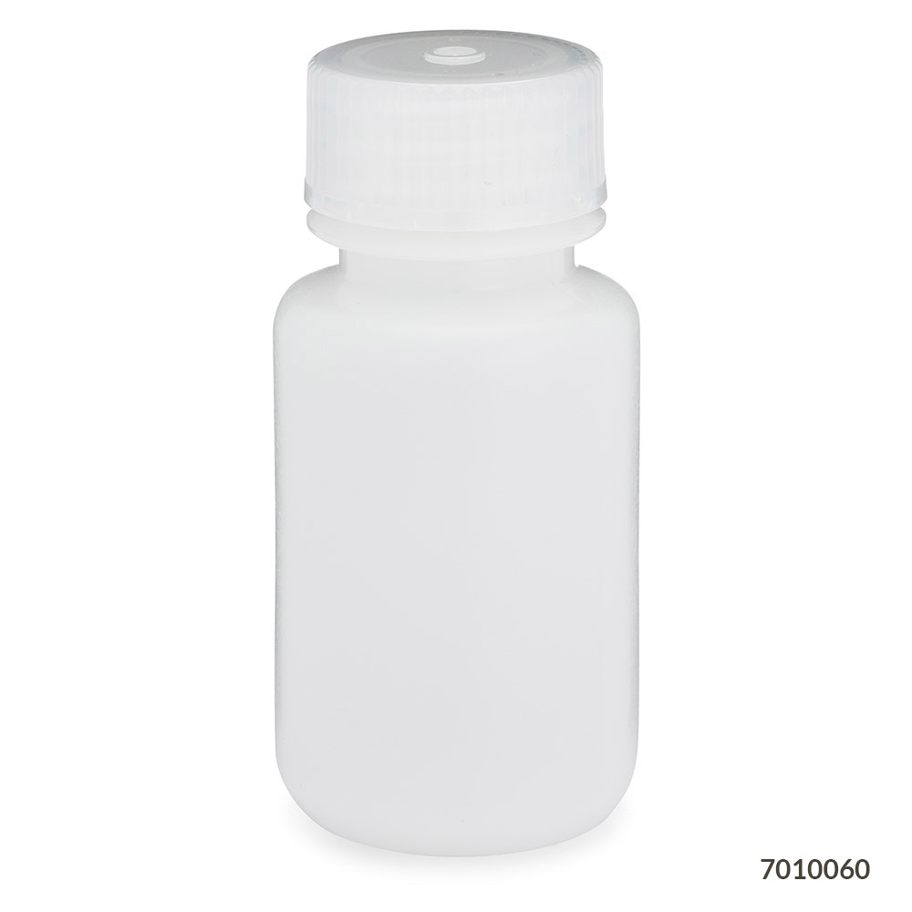Globe Scientific Bottle, Wide Mouth, HDPE Bottle, Attached PP Screw Cap, 60mL, 12/Pack Bottle; Boston Round; Wide Mouth; HDPE; High Density Polyethylene; Screwcap; storage bottle; lab bottle